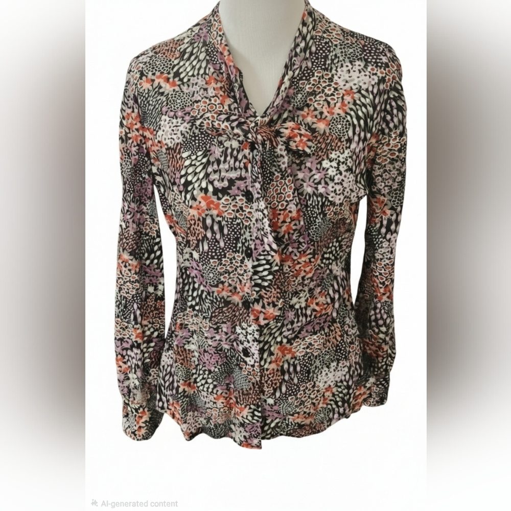 Optimum Black Mixed Floral Sheer Botton-down Blouse with Tie Bow